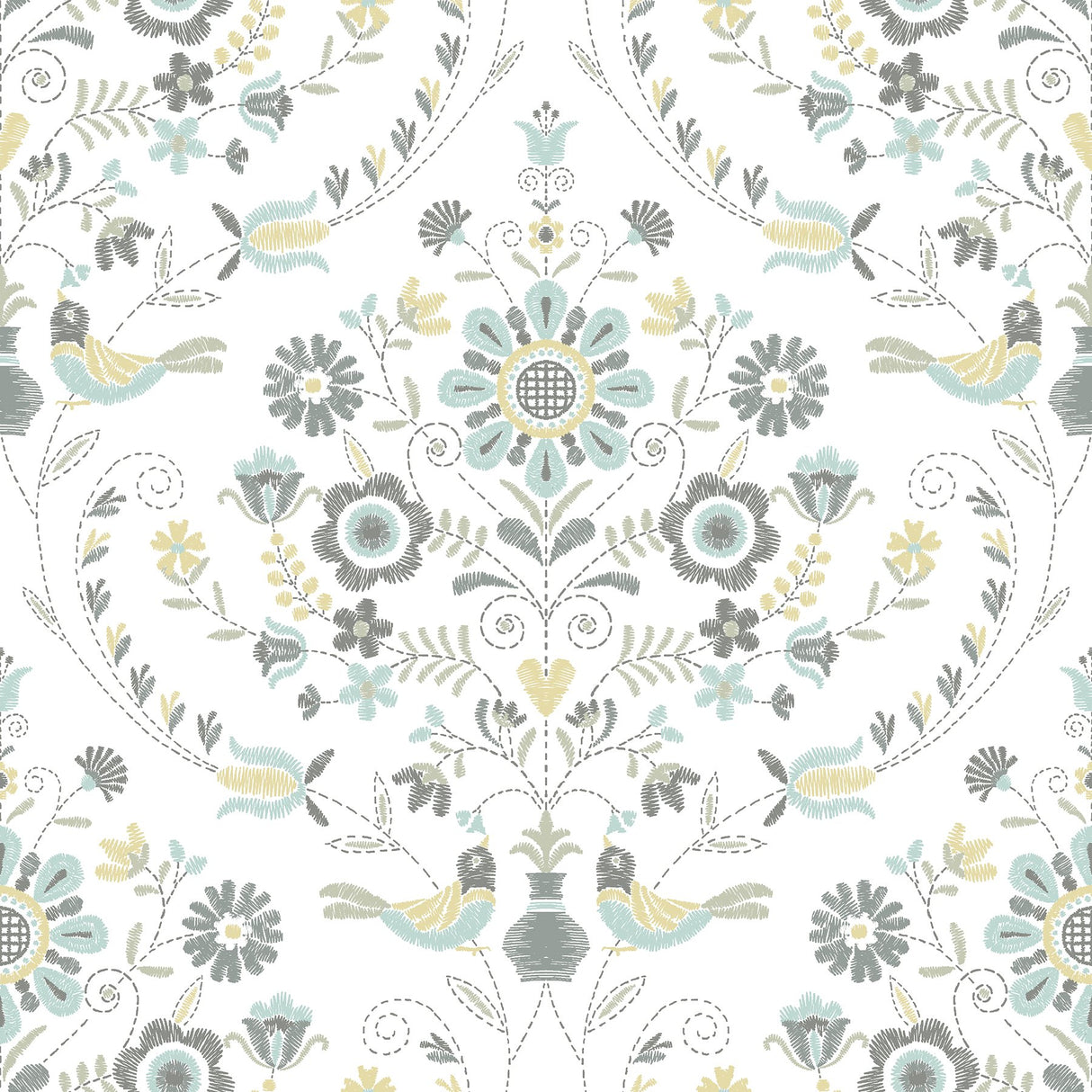 Britt Sea Green Embroidered Damask Wallpaper with Botanical Farmhouse Motif - A-Street Prints 4066-26510