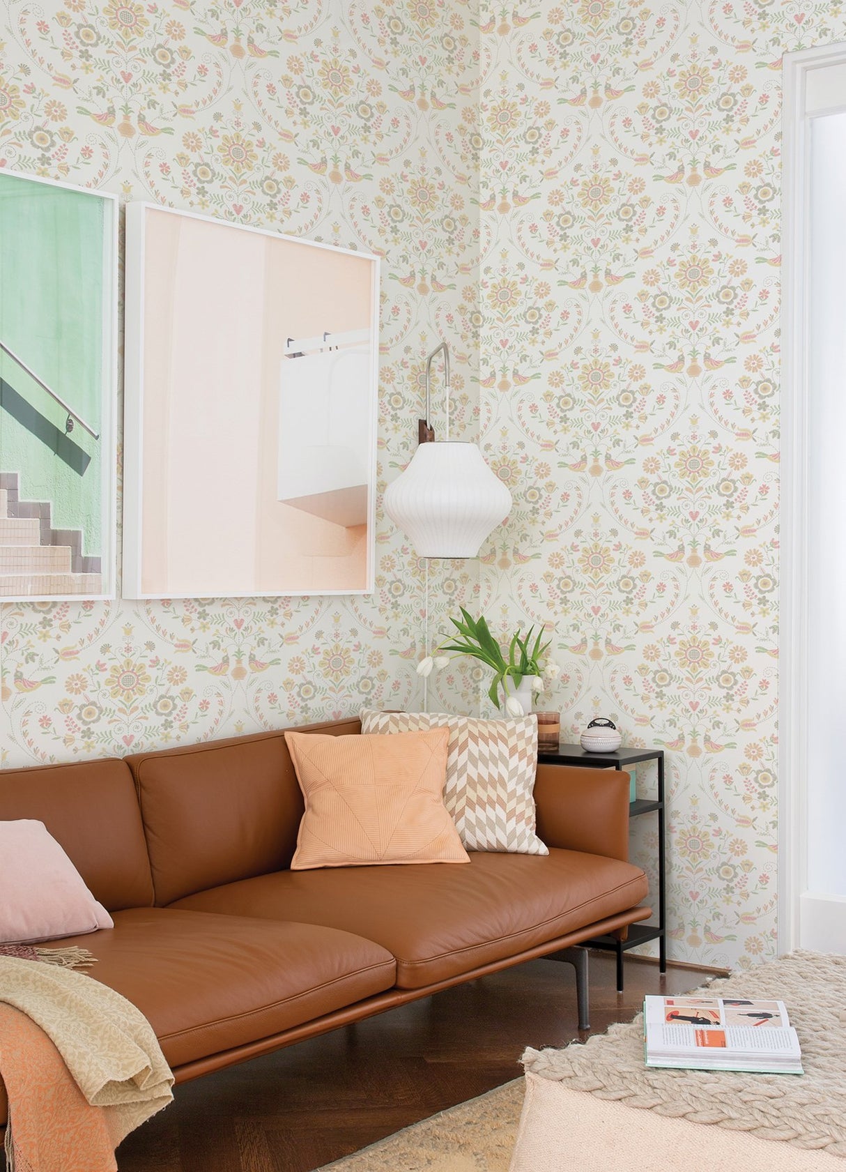 Britt Peach Embroidered Damask Wallpaper with Botanical Farmhouse Style - A-Street Prints 4066-26514