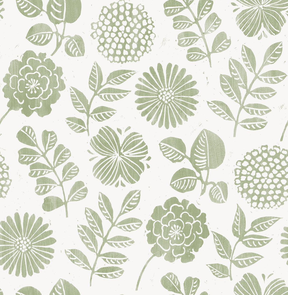 Inge Moss Floral Block Print Wallpaper with Scandinavian Botanical Motif - A-Street Prints 4066-26531