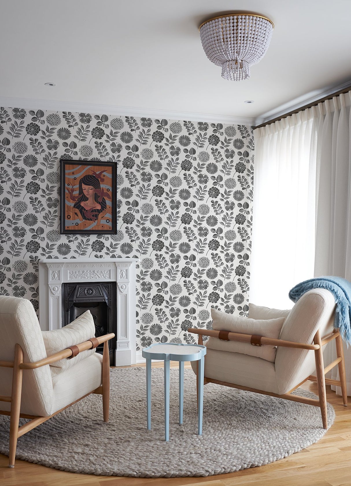 Inge Black Floral Block Print Wallpaper with Botanical Scandinavian Style - A-Street Prints 4066-26534