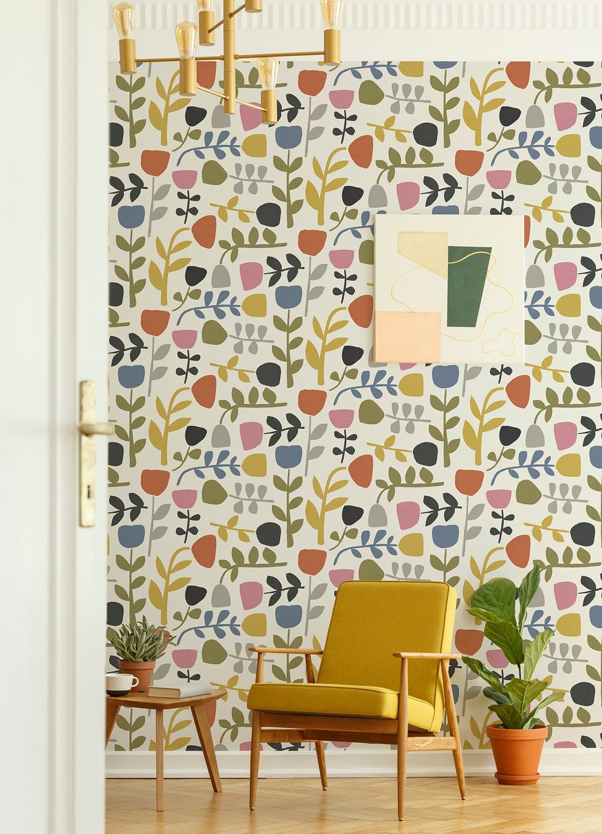 Juni Multicolor Abstract Tulips Wallpaper with Scandinavian Abstract Botanical Pattern - A-Street Prints 4066-26538
