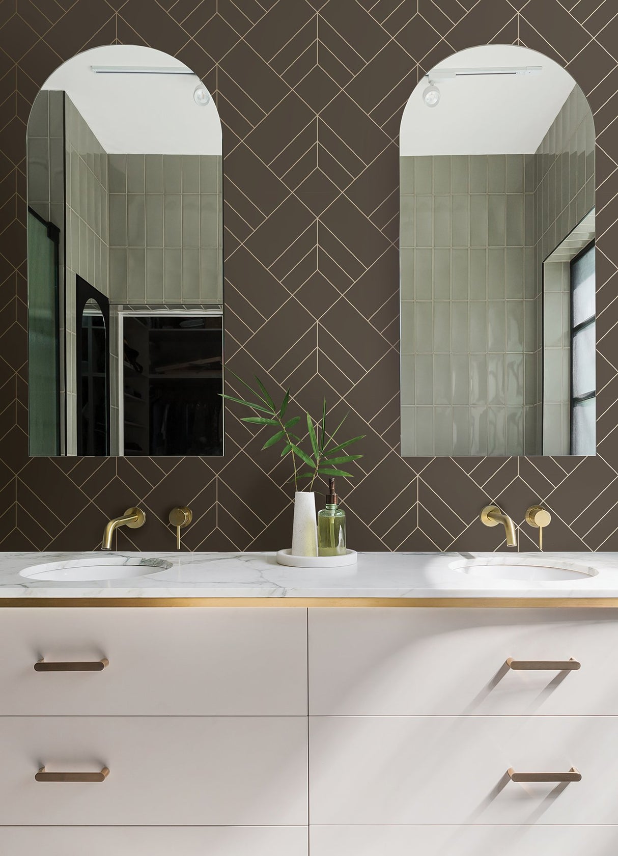 Sander Chocolate Geometric Wallpaper with Metallic Art Deco Diamond Grid - Brewster 4066-26549