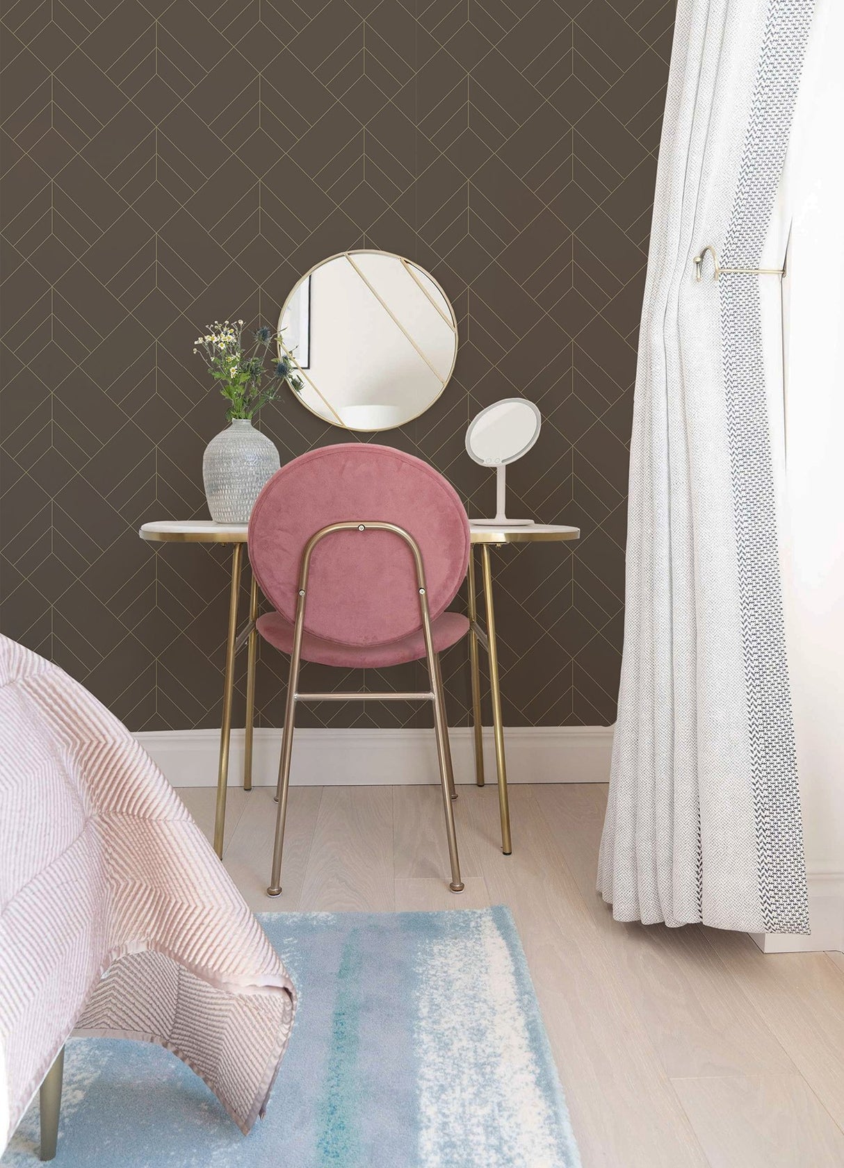Sander Chocolate Geometric Wallpaper with Metallic Art Deco Diamond Grid - Brewster 4066-26549