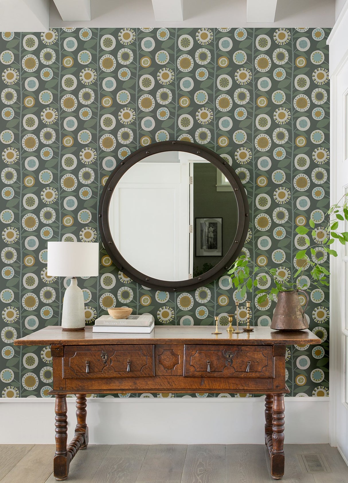 Sisu Grey Floral Geometric Wallpaper with Retro Graphic Flowers - A-Street Prints 4066-26553
