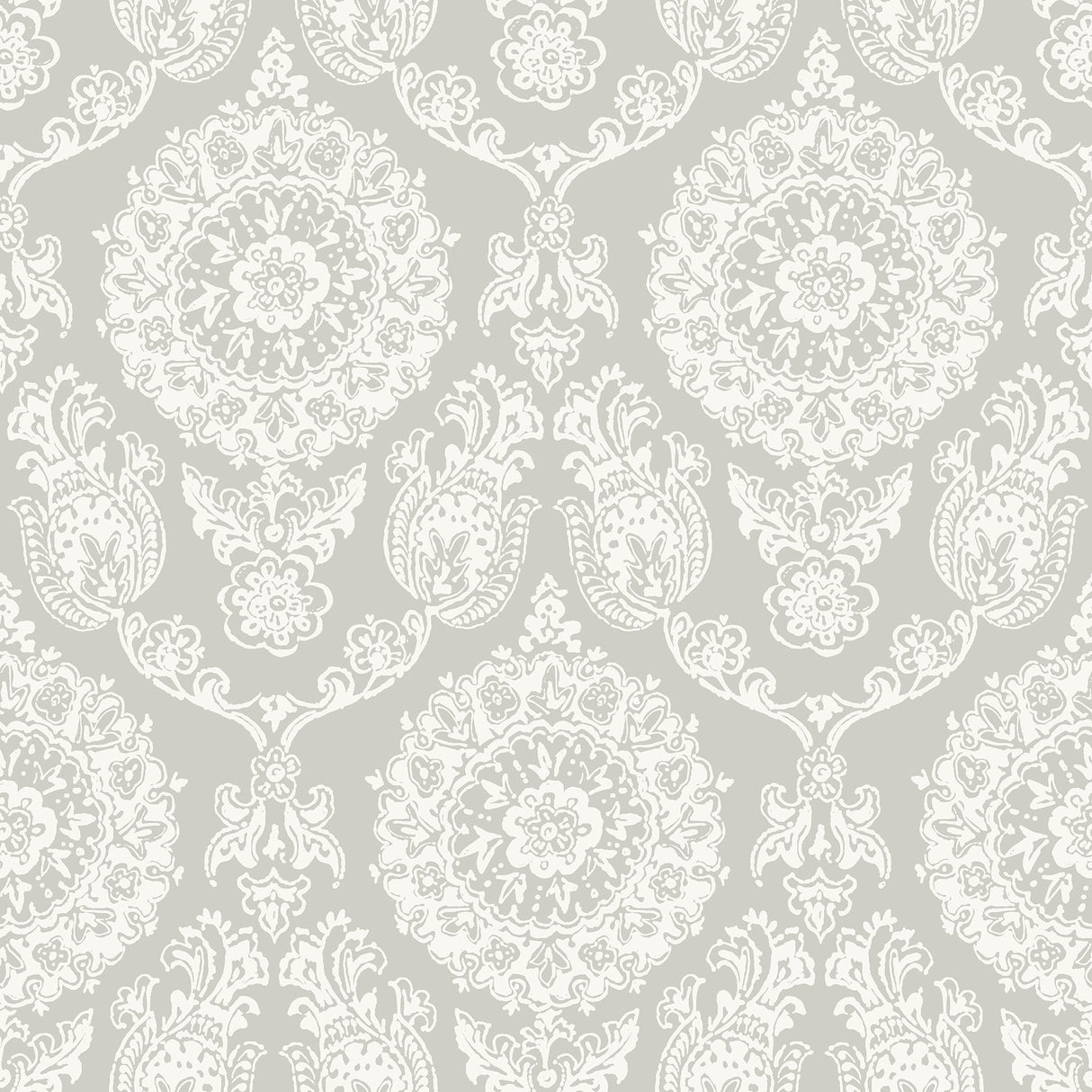 Helm Damask Taupe Floral Medallion Prepasted Wallpaper with Coastal Graphics Style - Chesapeake 4071-71020