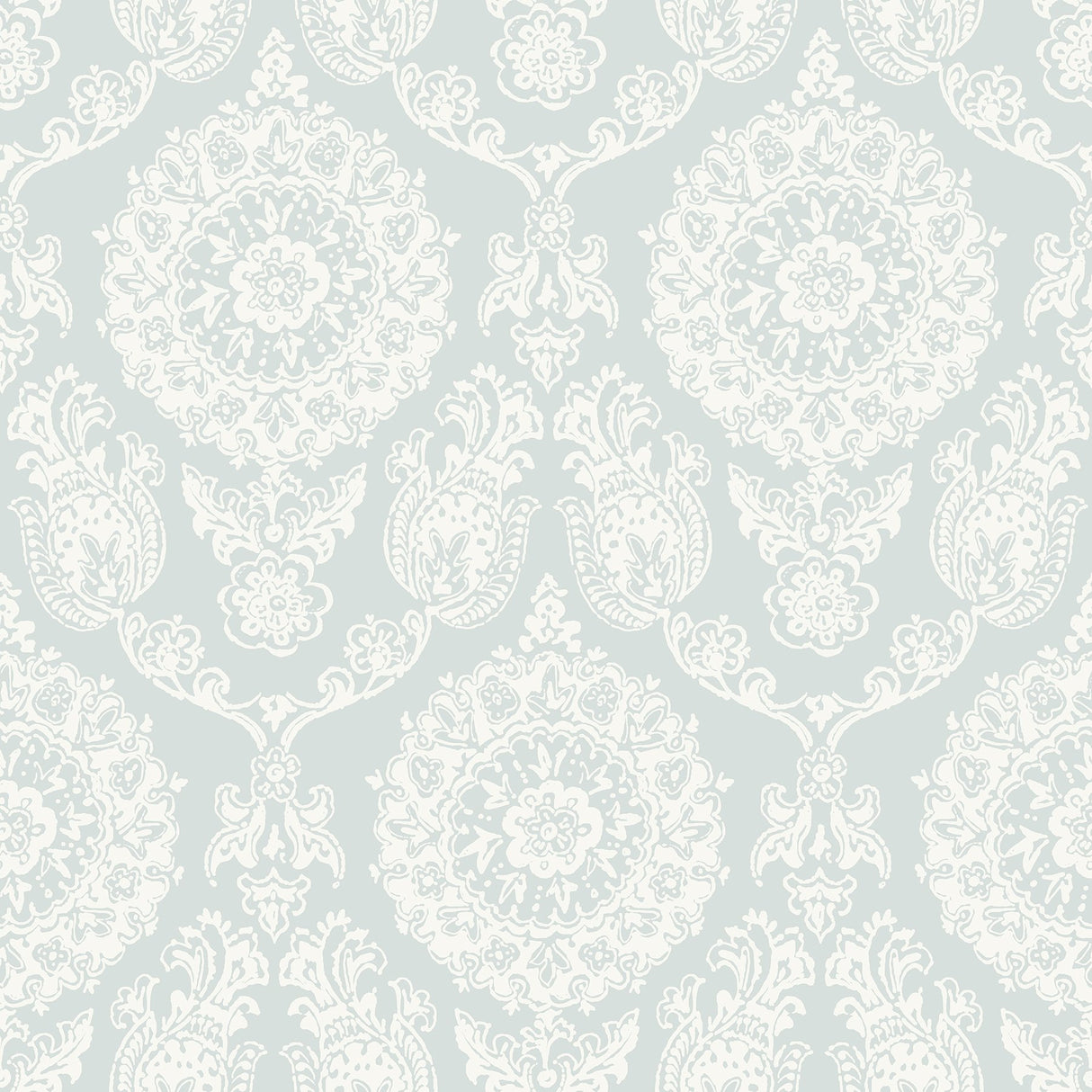 Helm Damask Aqua Floral Medallion Wallpaper with Coastal Graphics Medallions Pattern - Chesapeake 4071-71023