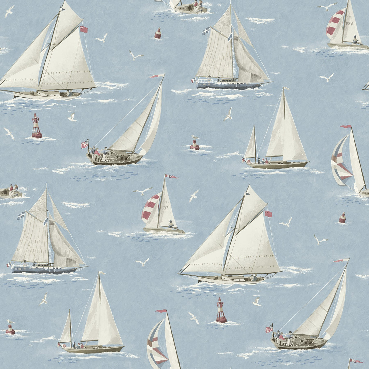 Leeward Light Blue Sailboat Wallpaper with Coastal Novelty Graphics - Chesapeake 4071-71034
