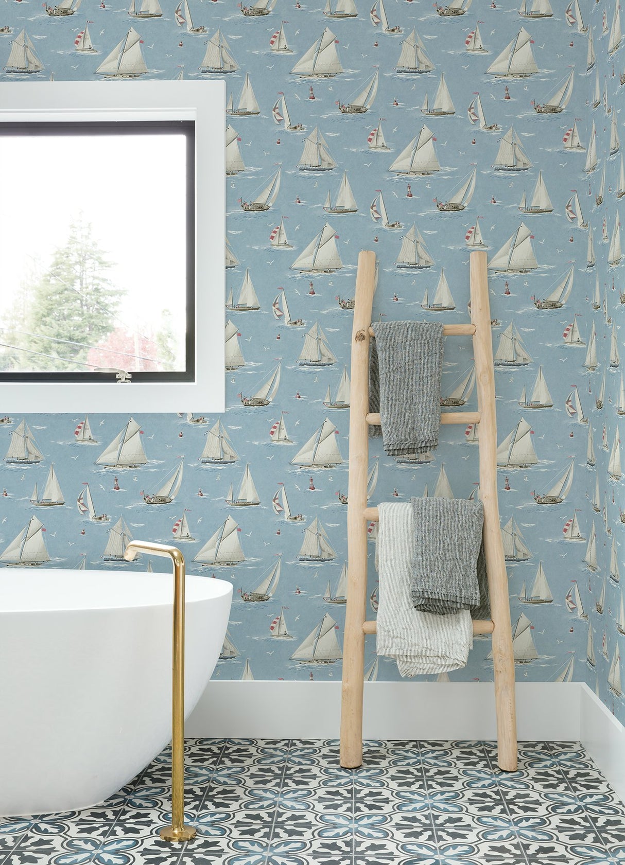 Leeward Light Blue Sailboat Wallpaper with Coastal Novelty Graphics - Chesapeake 4071-71034