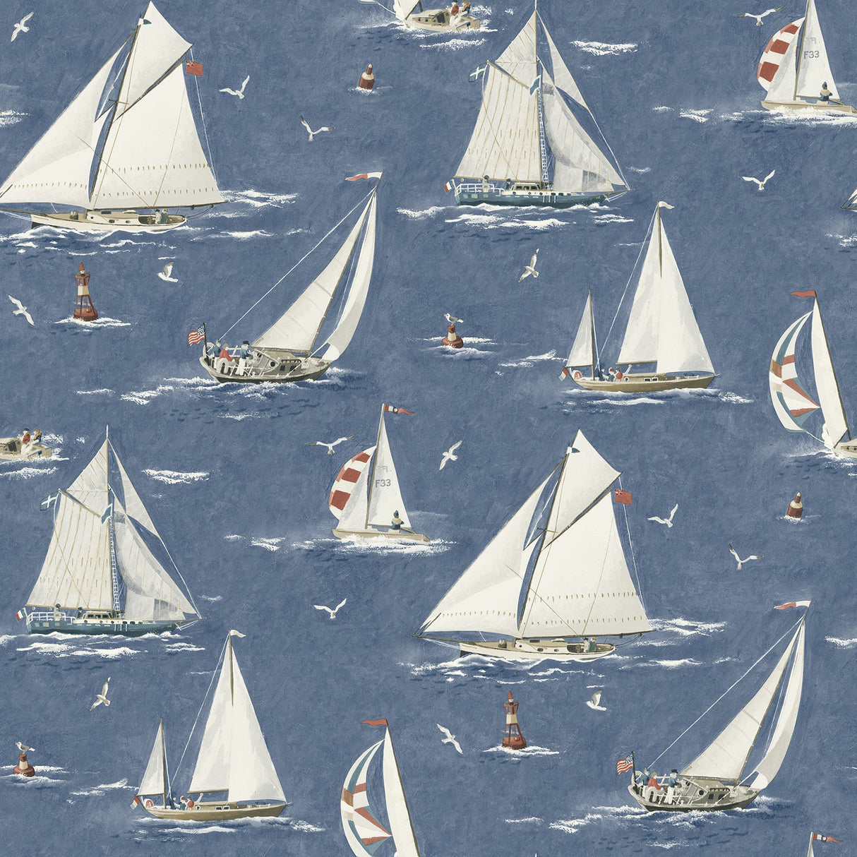 Leeward Navy Sailboat Wallpaper with Coastal Graphics Pattern - Chesapeake 4071-71035