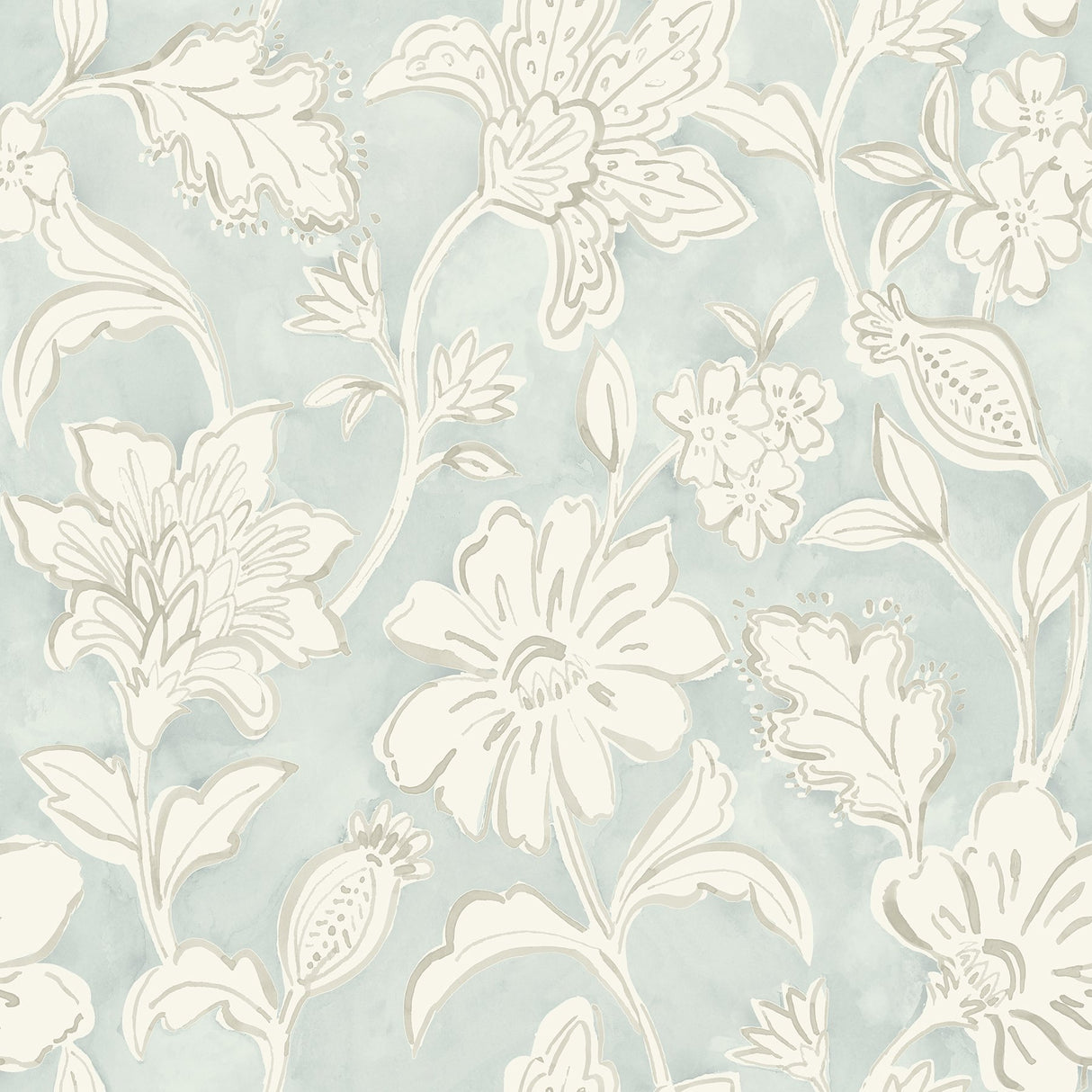 Plumeria Aqua Floral Trail Wallpaper with Botanical Flowers in Farmhouse Style - Chesapeake 4071-71038