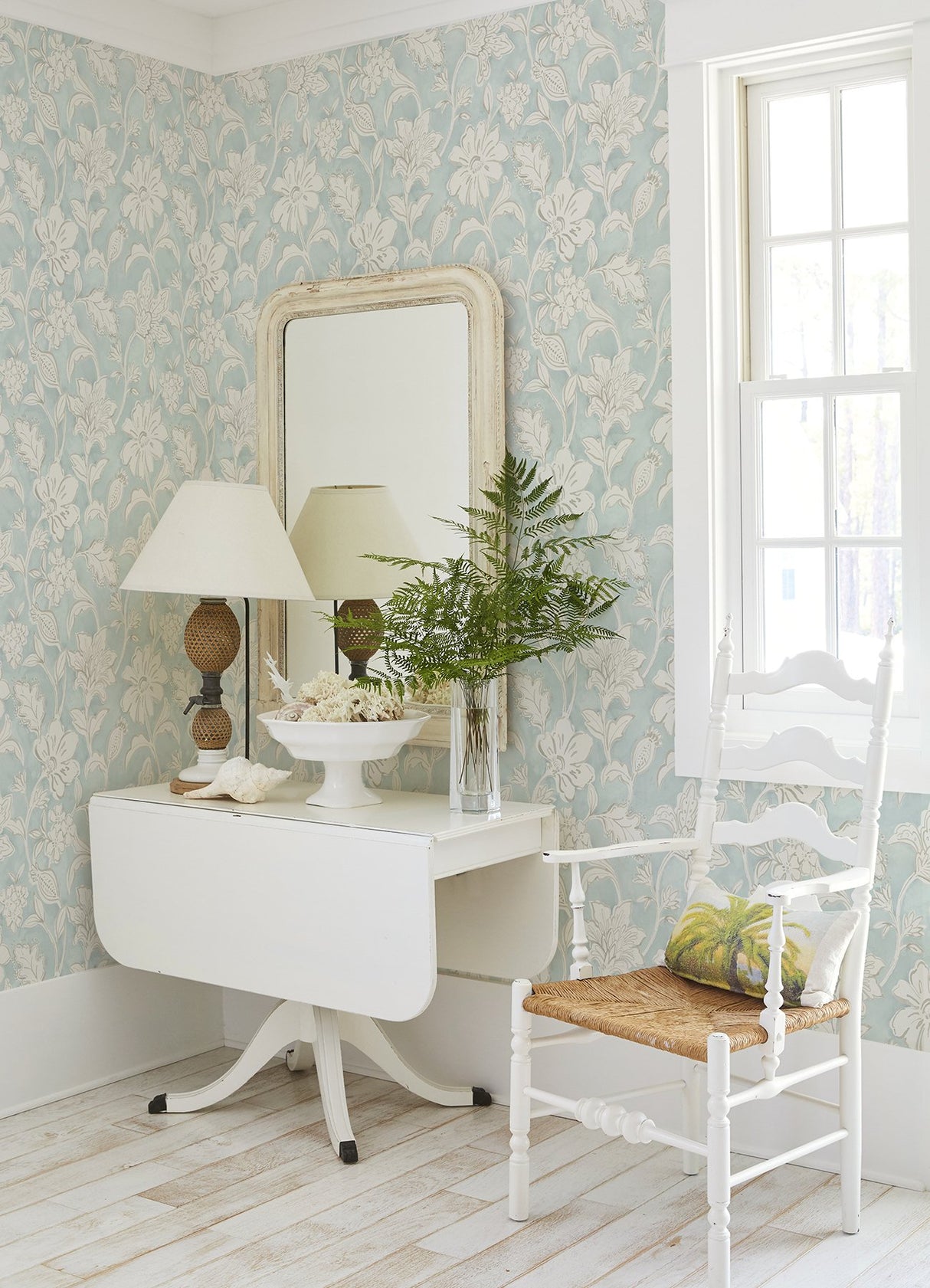 Plumeria Aqua Floral Trail Wallpaper with Botanical Flowers in Farmhouse Style - Chesapeake 4071-71038