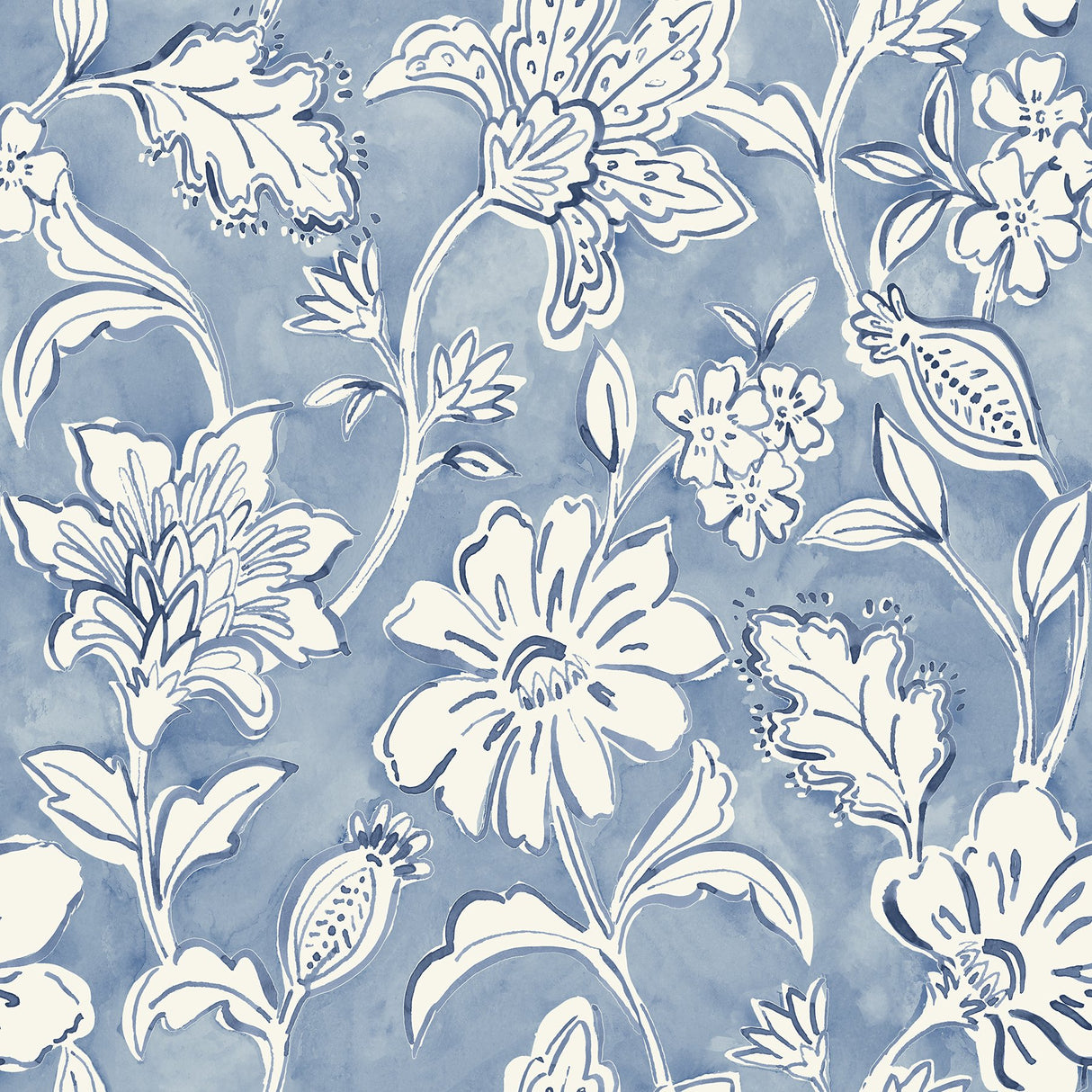 Plumeria Blue Floral Trail Wallpaper with Botanical Flowers Chesapeake 4071-71040