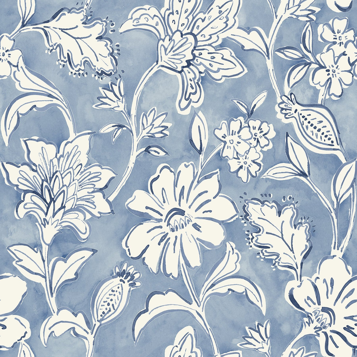 Plumeria Blue Floral Trail Wallpaper with Botanical Flowers Chesapeake 4071-71040SAM