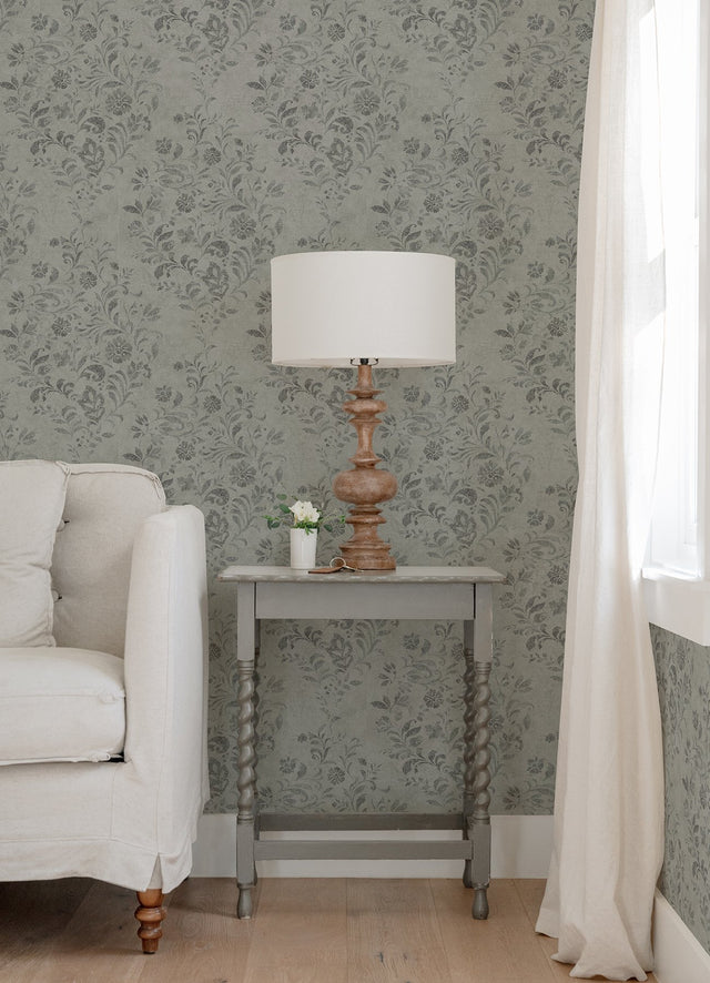 Isidore Grey Scroll Wallpaper with Botanical Scrolls in Country Style - Chesapeake 4072-70008