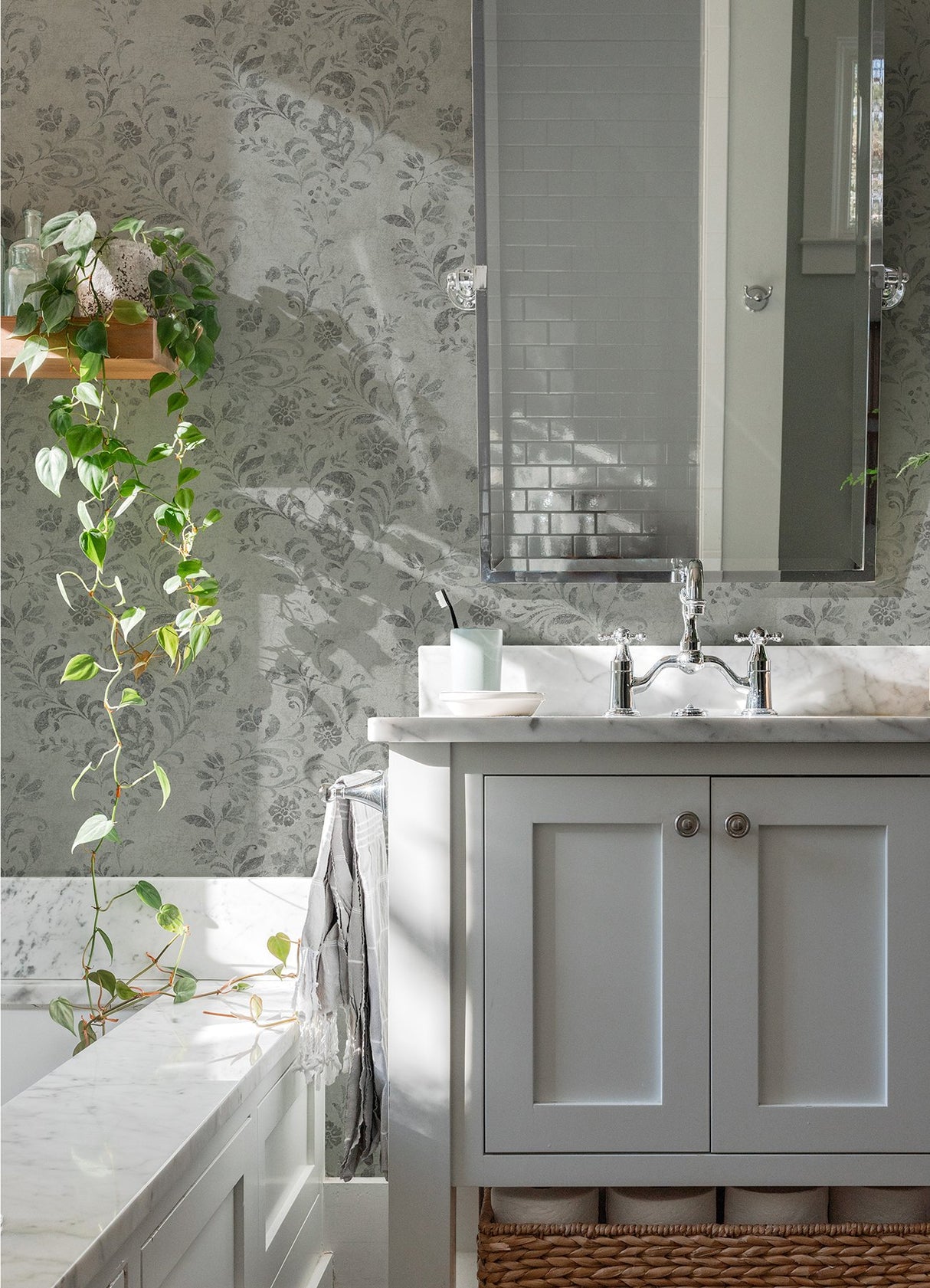 Isidore Grey Scroll Wallpaper with Botanical Scrolls in Country Style - Chesapeake 4072-70008