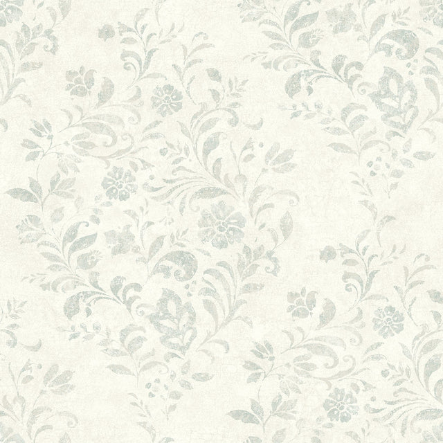Isidore Aqua Scroll Wallpaper with Botanical Scrolls - Chesapeake 4072-70009