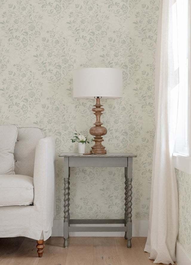 Isidore Aqua Scroll Wallpaper with Botanical Scrolls - Chesapeake 4072-70009