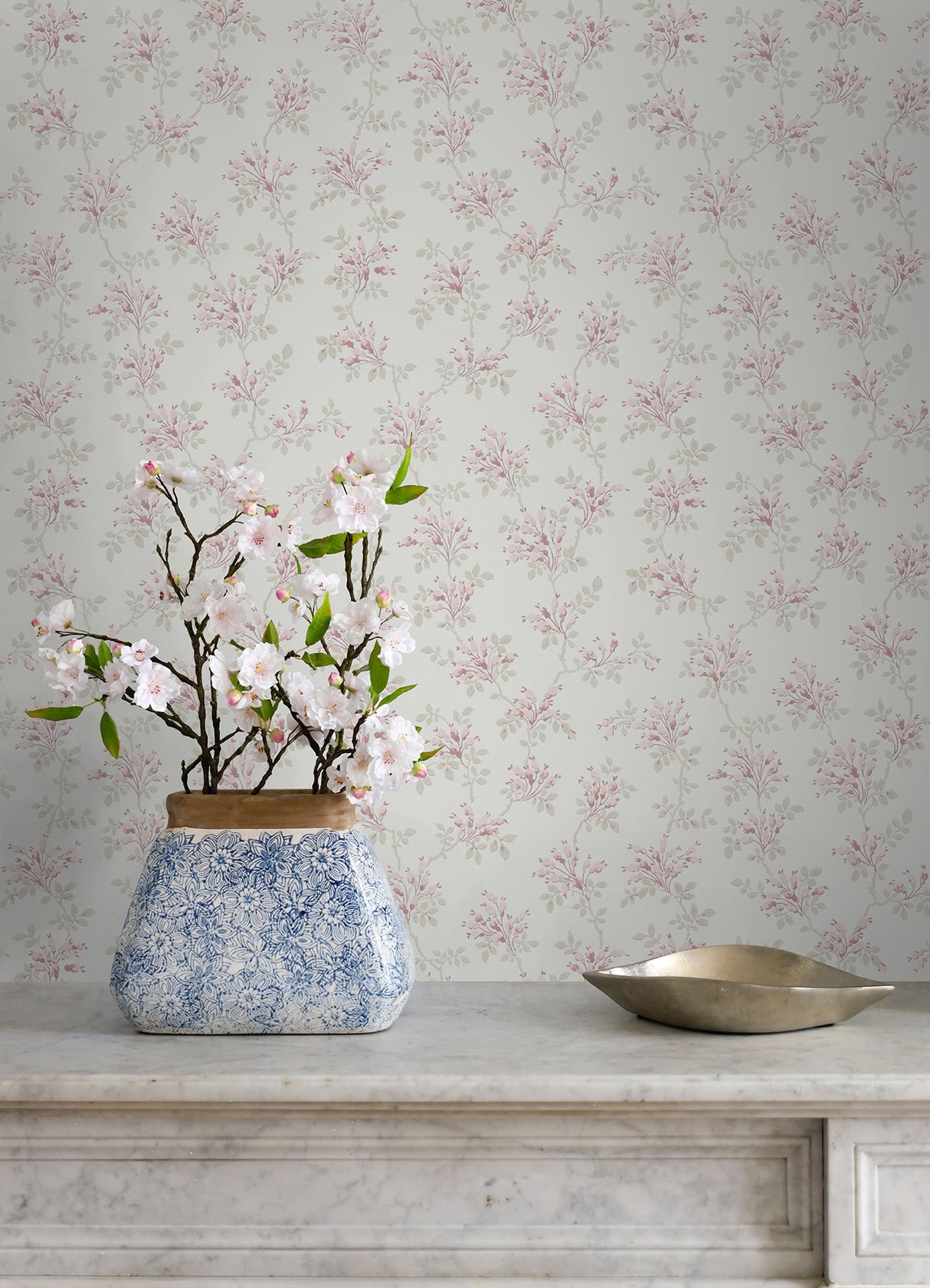 Sofiane Pink Botanical Trail Wallpaper with Country Botanical Vine Motif - Brewster 4072-70038