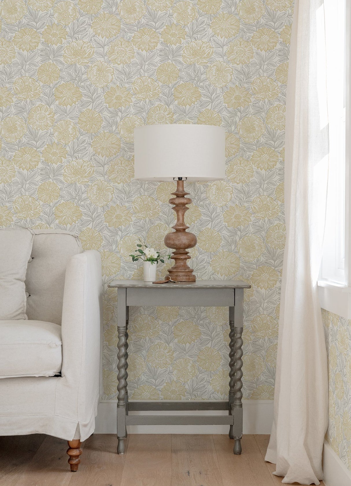 Faustin Yellow Floral Wallpaper with Botanical Country Motif - Brewster 4072-70048