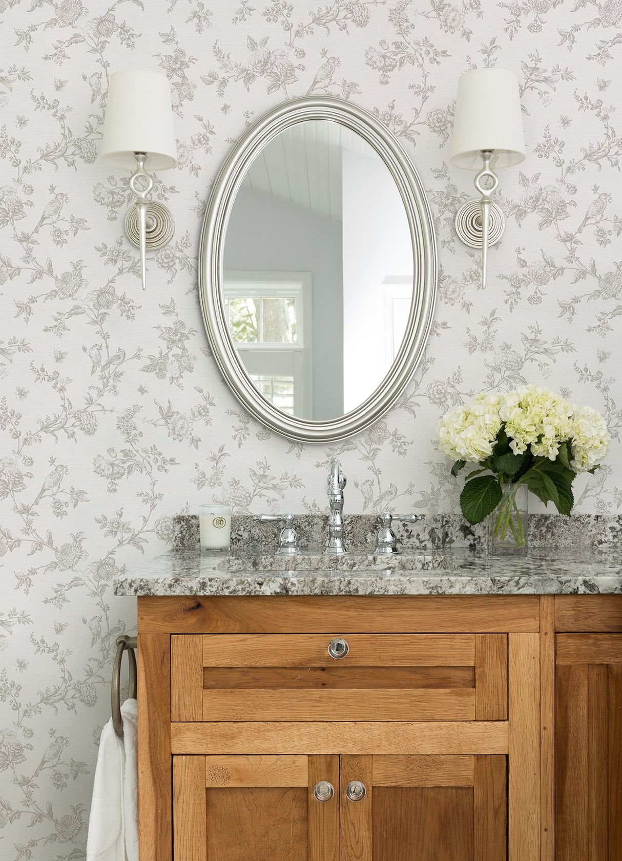 Nightingale Taupe Floral Trail Wallpaper with Botanical Birds on Faux Linen - Chesapeake 4072-70063