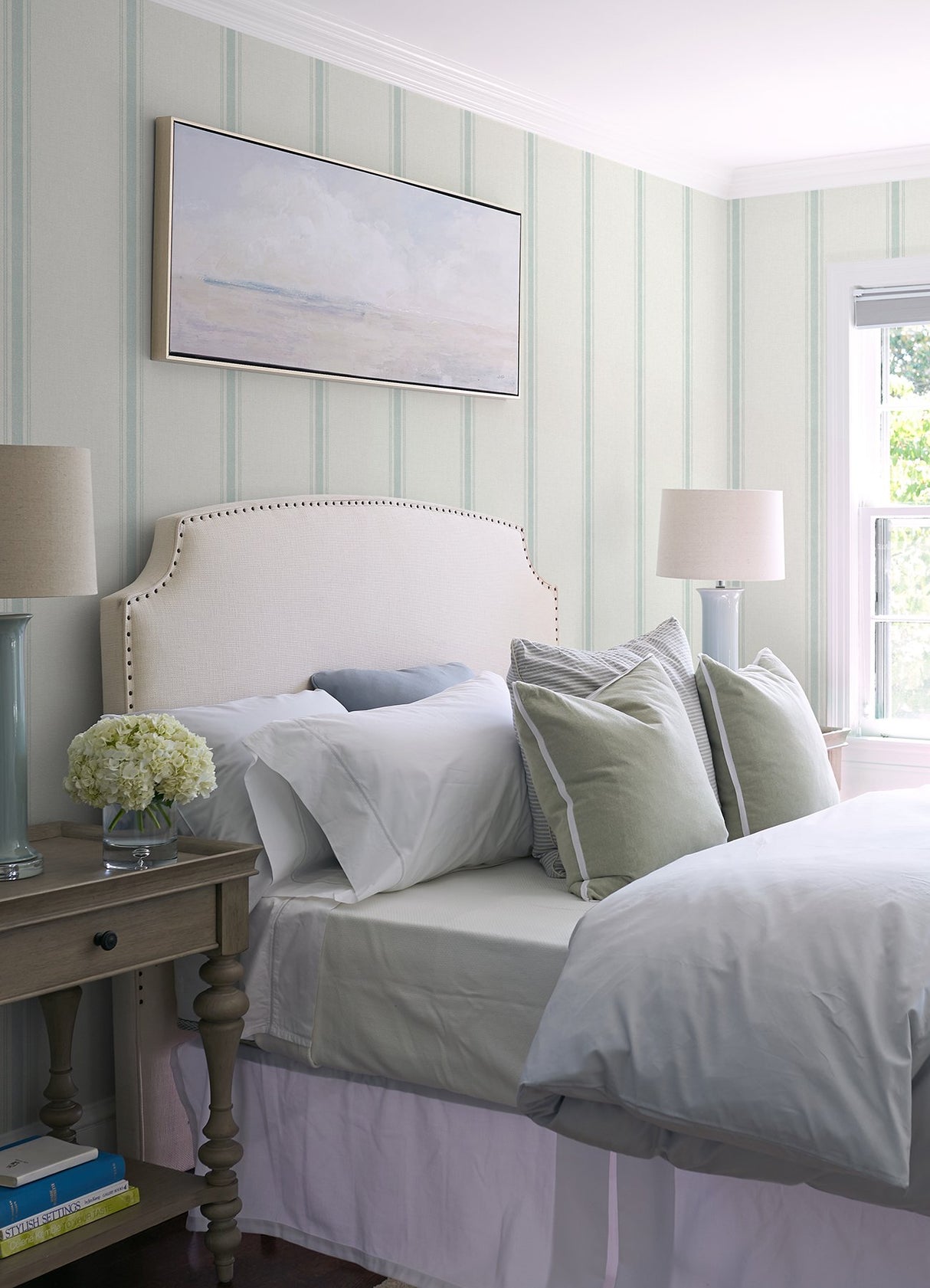 Linette Seafoam Fabric Stripe Wallpaper with Country Fabric & Woven Textures Pattern - Chesapeake 4072-70068