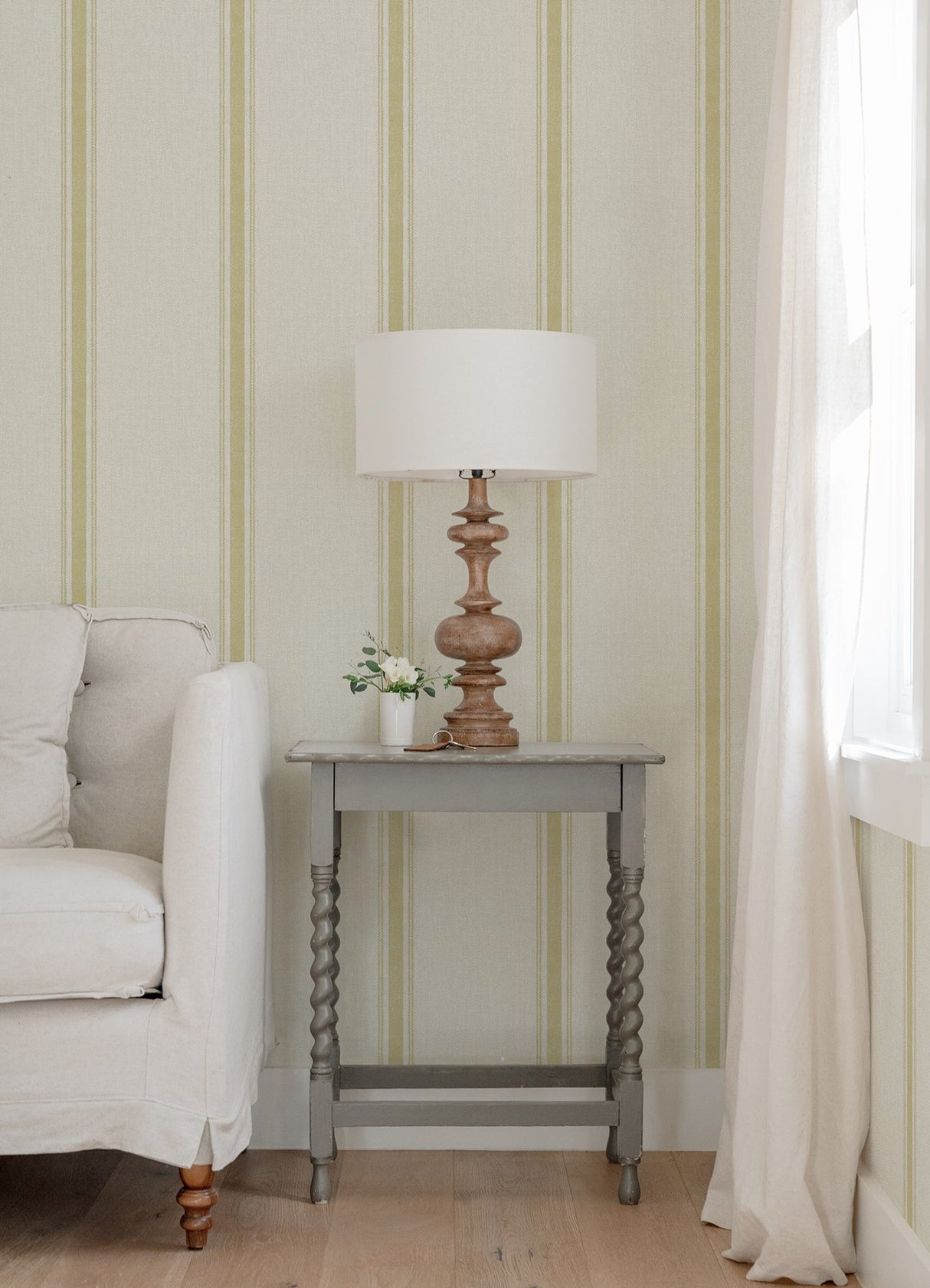 Linette Wheat Fabric Stripe Wallpaper with Country Fabric & Woven Textures Pattern - Chesapeake 4072-70069