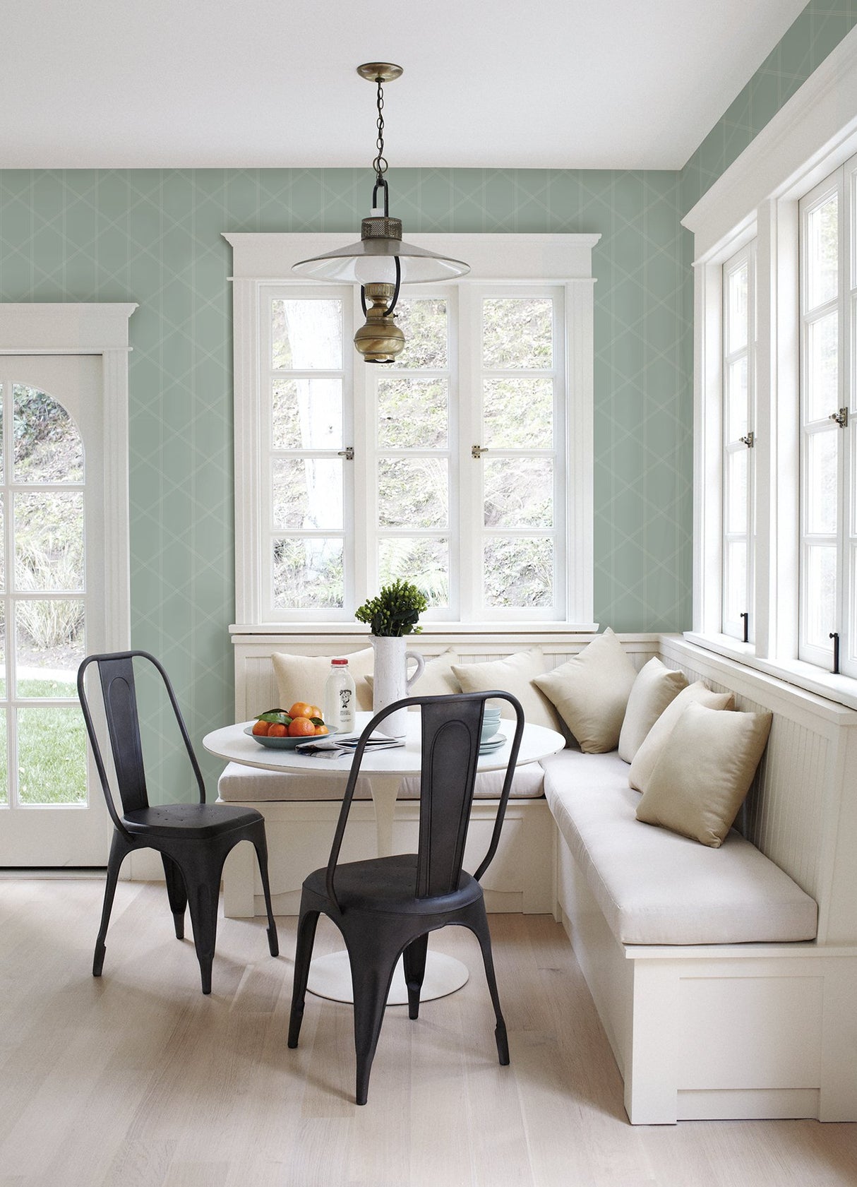 Walcott Seafoam Stitched Trellis Wallpaper with Modern Geometric Pattern - Brewster 4074-26606