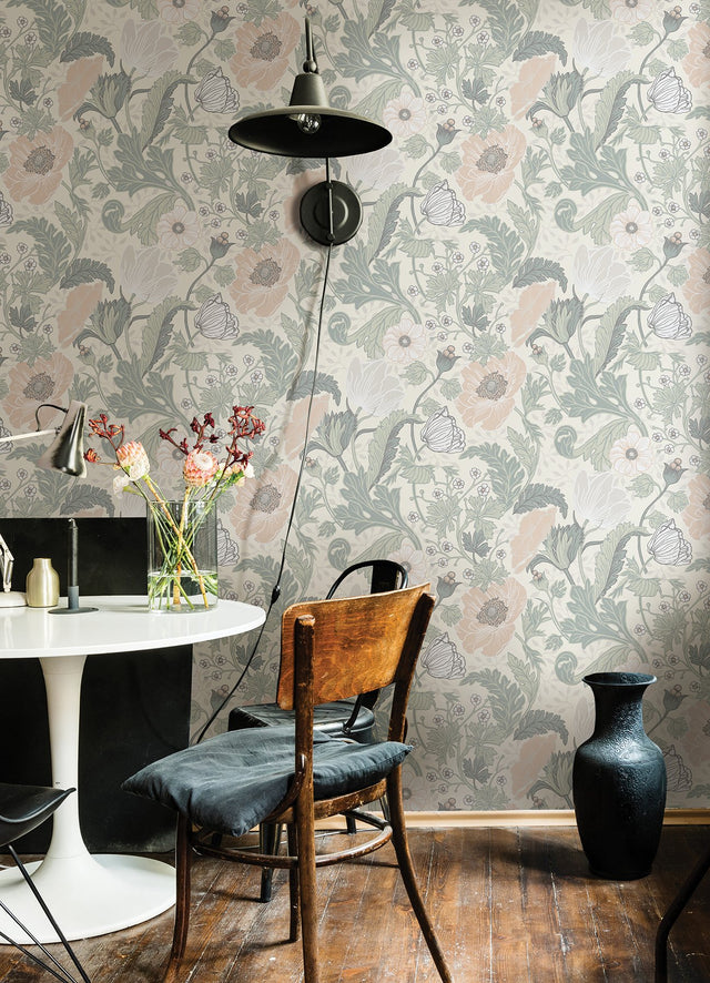 Anemone Light Grey Botanical Floral Wallpaper - A?Street Prints 4080-33000