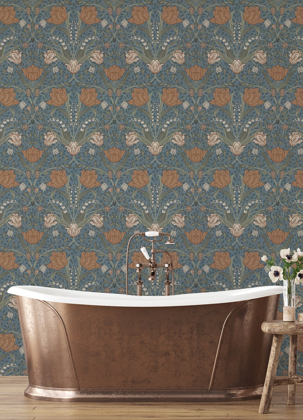 Fillippa Blue Tulip Wallpaper with Botanical Floral Motif, Scandinavian Style - A-Street Prints 4080-33009