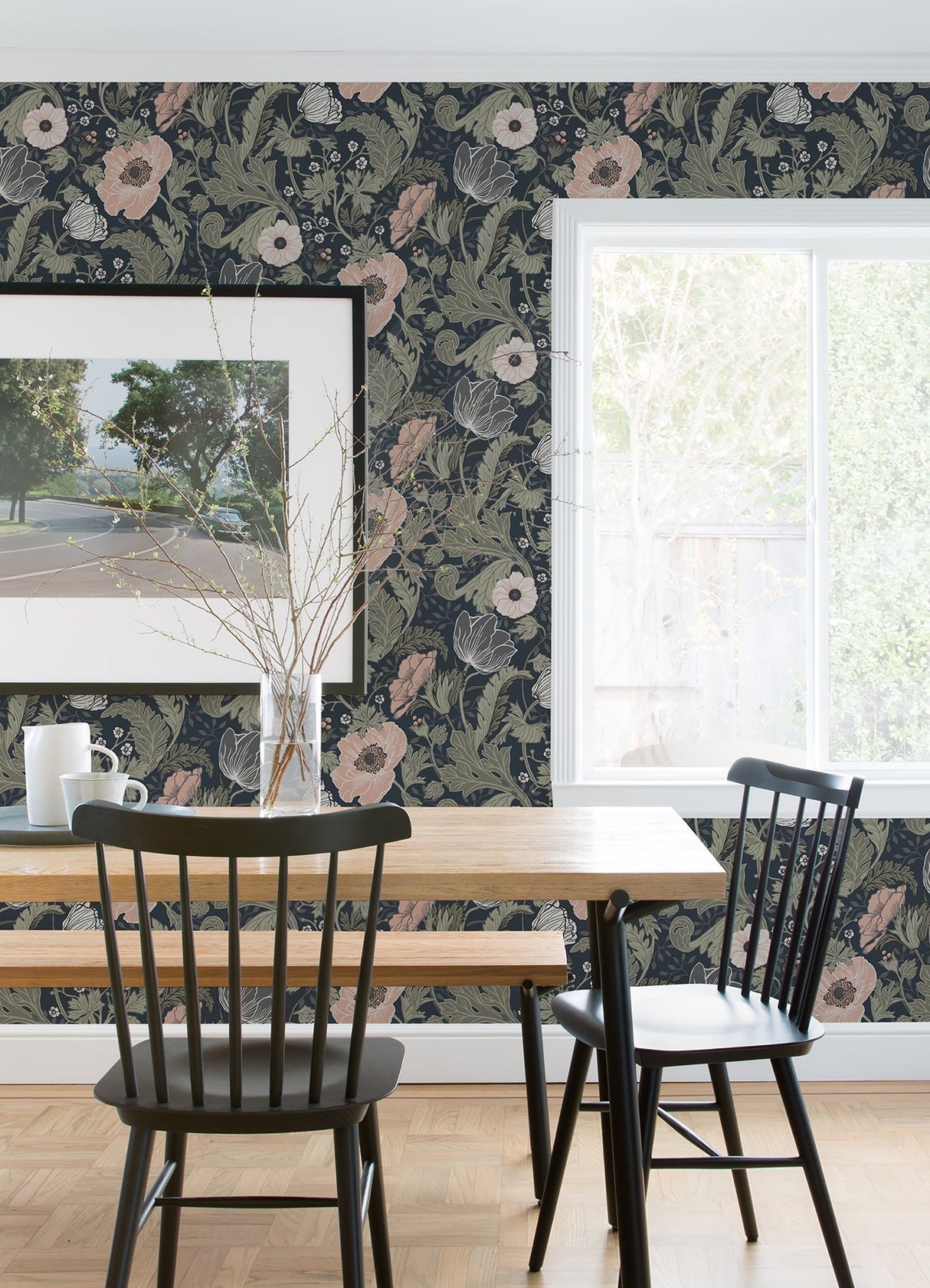Anemone Navy Floral Wallpaper with Bohemian Botanical Flowers - A-Street Prints 4080-44103
