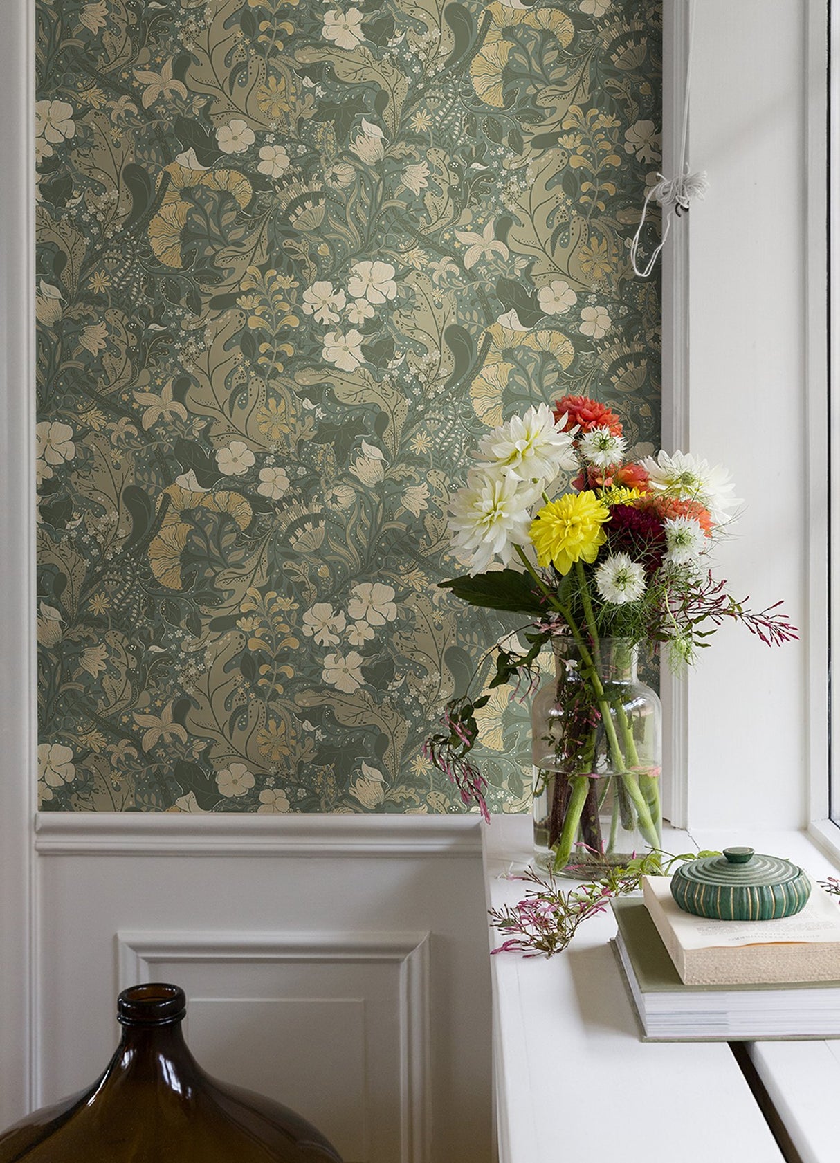 Elise Sea Green Nouveau Gardens Wallpaper with Botanical Farmhouse Design - Brewster 4080-83104