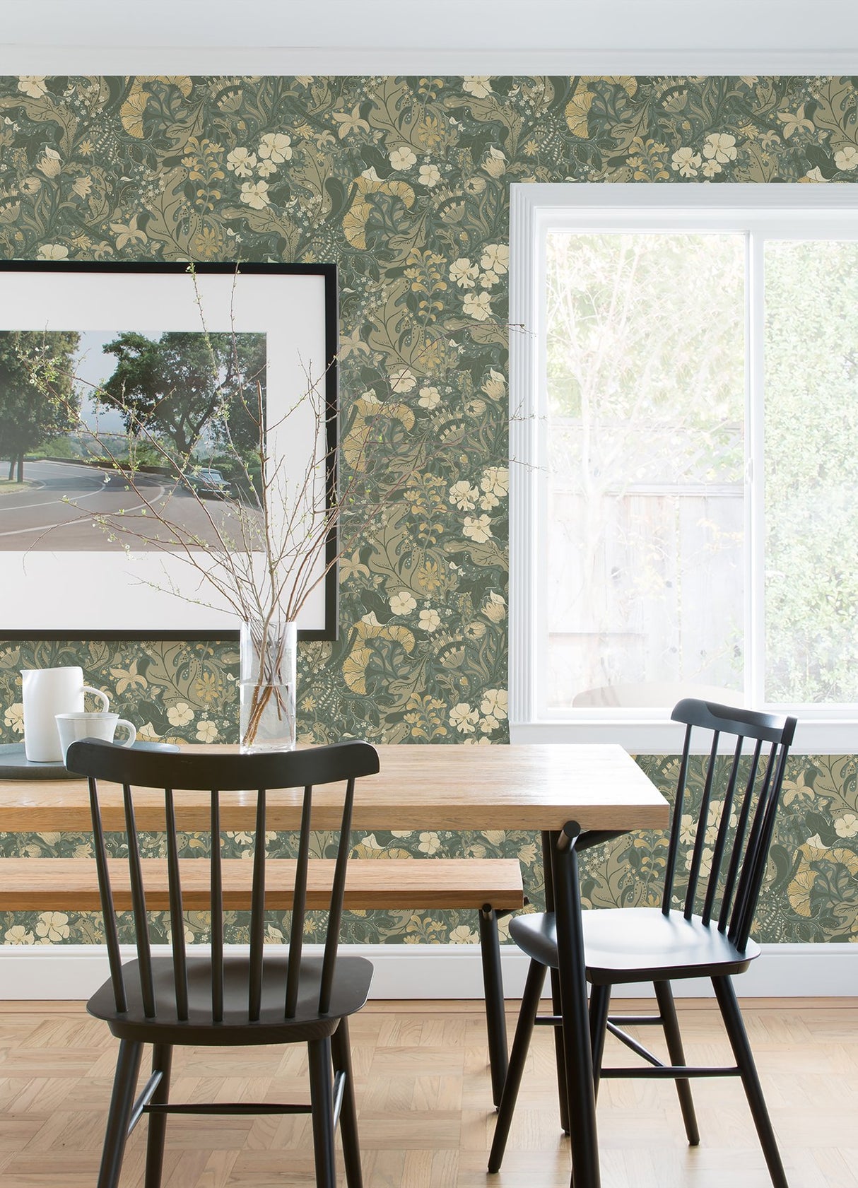 Elise Sea Green Nouveau Gardens Wallpaper with Botanical Farmhouse Design - Brewster 4080-83104