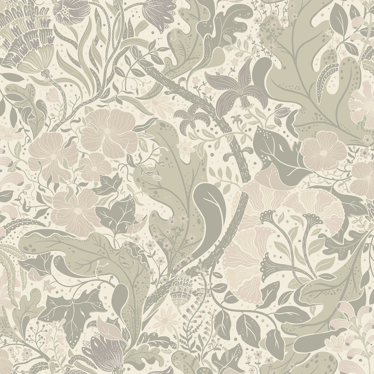 Elise Light Grey Nouveau Gardens Wallpaper with Botanical Farmhouse Pattern - Brewster 4080-83105