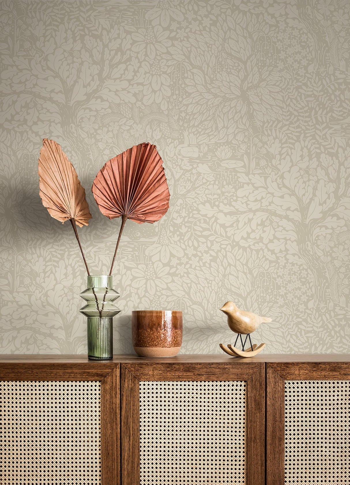 Olle Taupe Forest Sanctuary Wallpaper with Scandinavian Botanical Motif - A-Street Prints 4080-83110