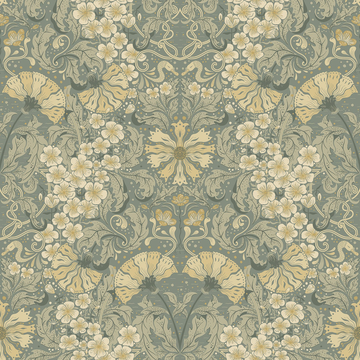 Ojvind Sea Green Floral Ogee Wallpaper with Botanical Glam Pattern - A-Street Prints 4080-83113