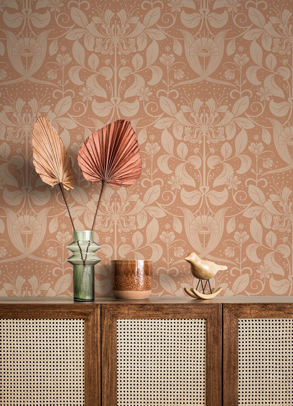 Berit Coral Floral Crest Wallpaper with Art Nouveau Botanical Damask - A-Street Prints 4080-83128