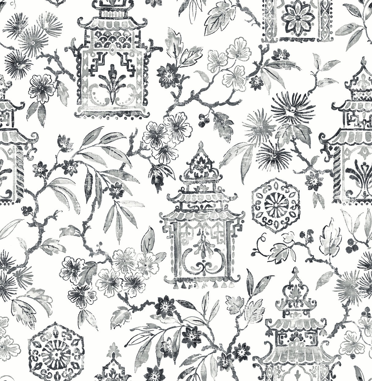 Helaine Charcoal Pagoda Wallpaper with Chinoiserie Toile Motif - A-Street Prints 4081-26311