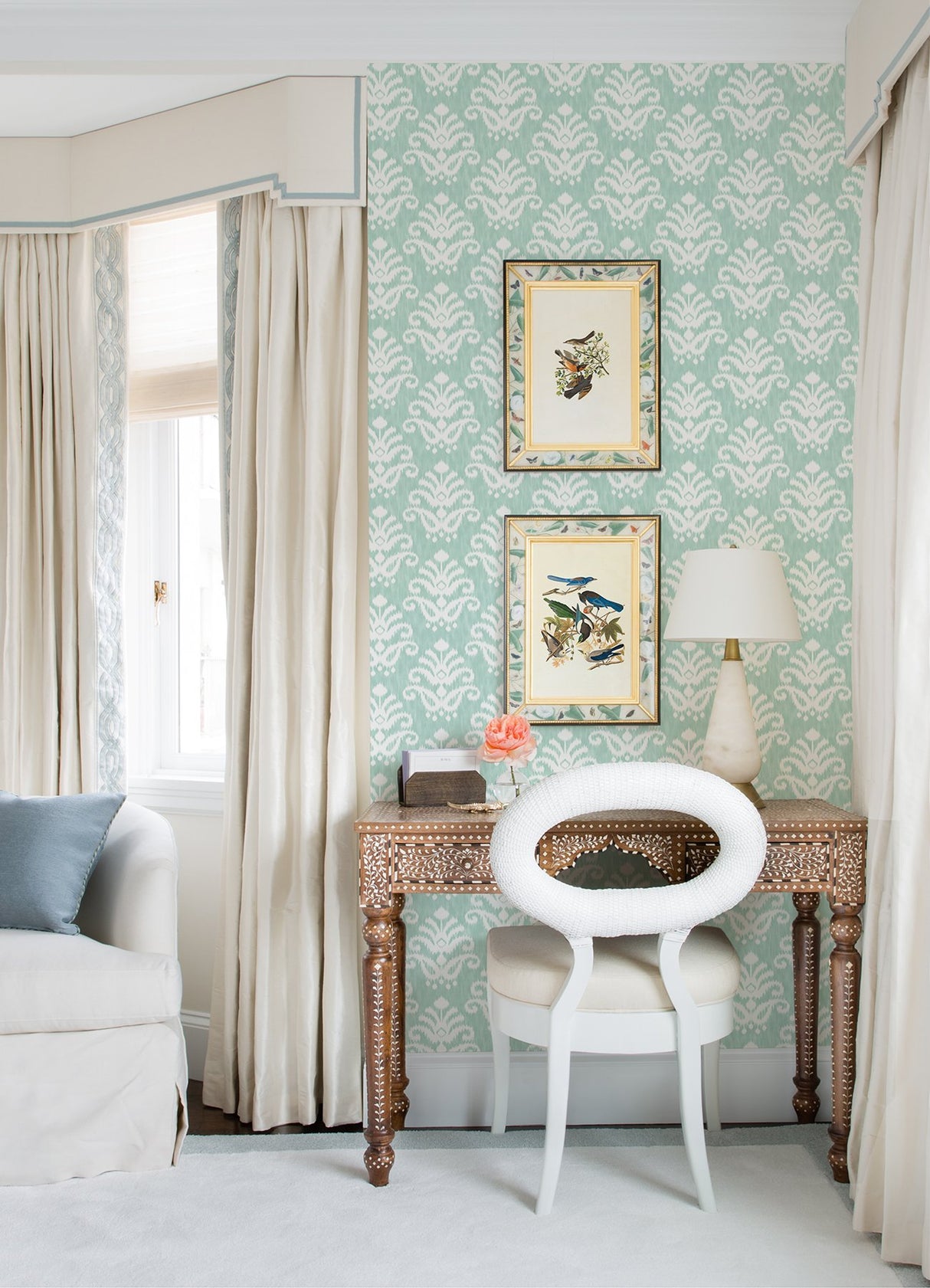 Keaton Aqua Medallion Wallpaper with White Ikat Graphic Motif - A-Street Prints 4081-26327