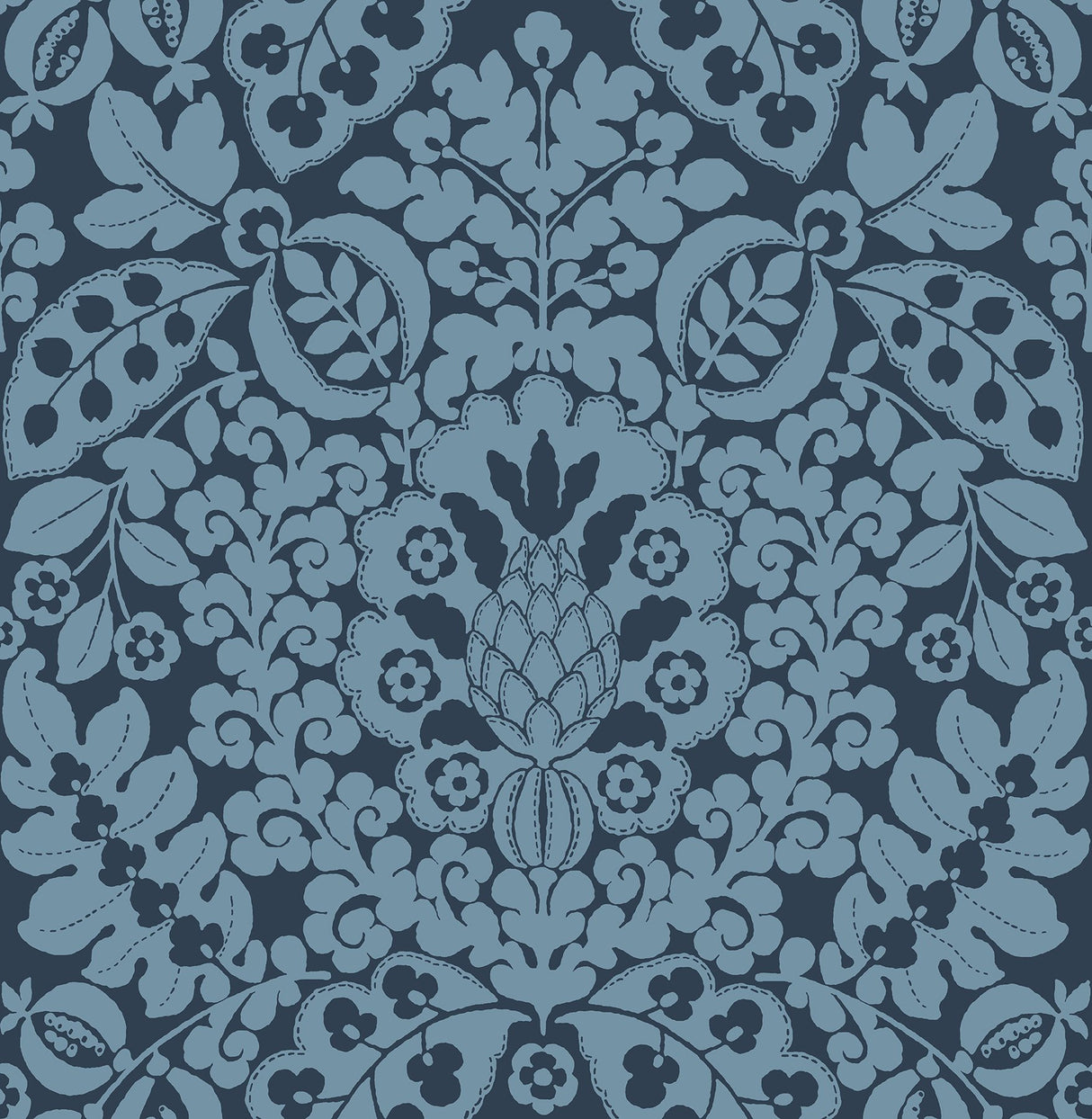 Marni Navy Fruit Damask Wallpaper with Botanical Graphics Bohemian Style - Brewster 4081-26334