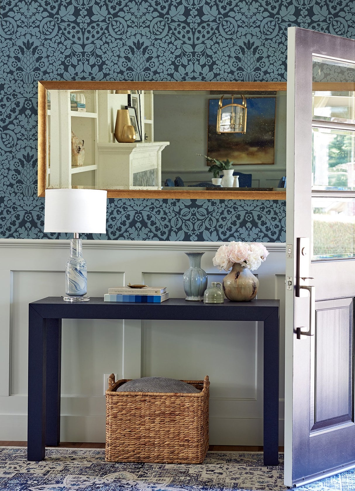 Marni Navy Fruit Damask Wallpaper with Botanical Graphics Bohemian Style - Brewster 4081-26334