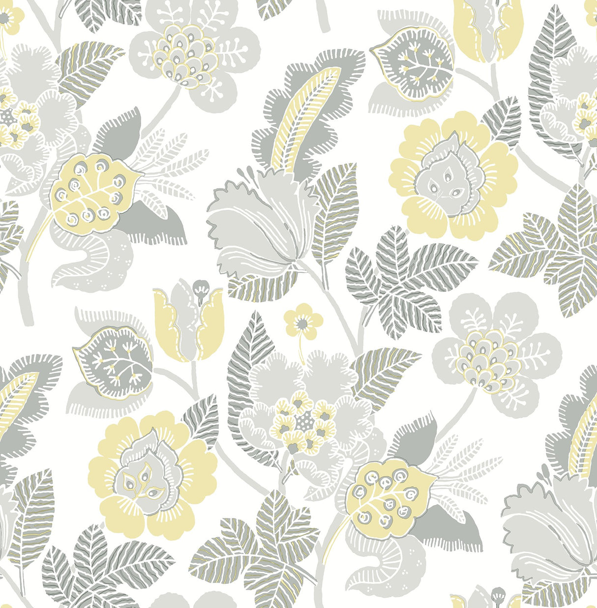 Jana Light Grey Jacobean Wallpaper with Botanical Floral Pattern - Brewster 4081-26341
