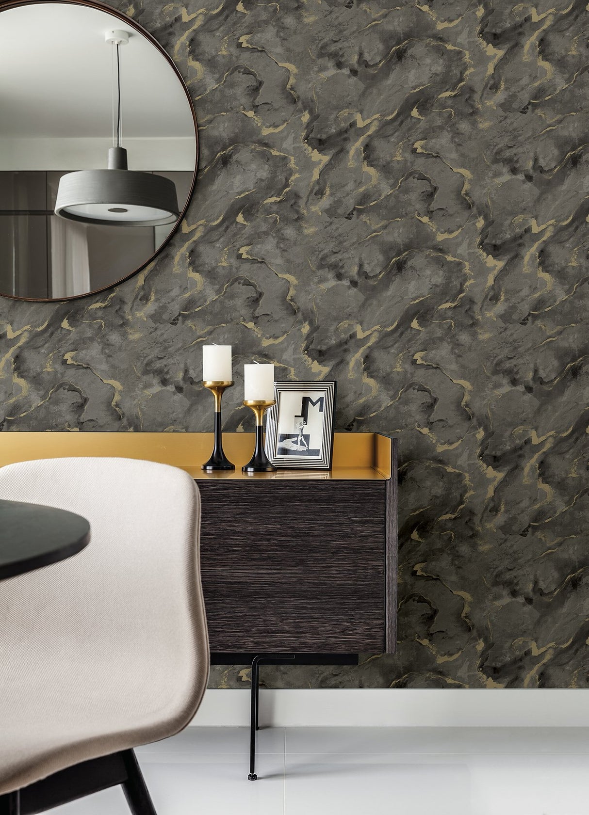 Silenus Charcoal Marbled Wallpaper with Metallic Abstract Glam Motif - Brewster 4105-86602