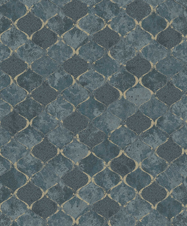 Pilak Blue Ogee Tile Wallpaper with Metallic Geometric Ogee Pattern - A-Street Prints 4105-86607