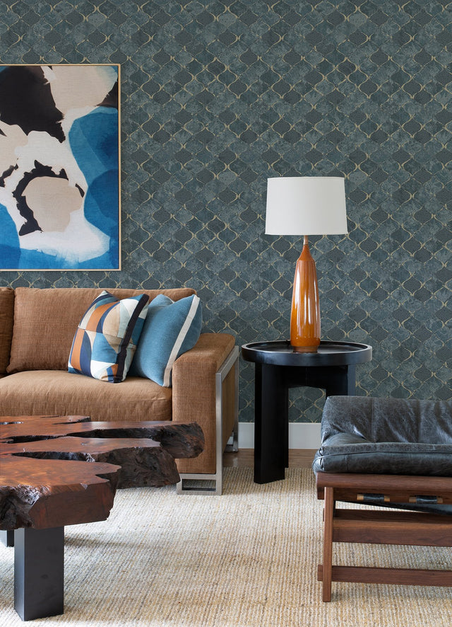 Pilak Blue Ogee Tile Wallpaper with Metallic Geometric Ogee Pattern - A-Street Prints 4105-86607