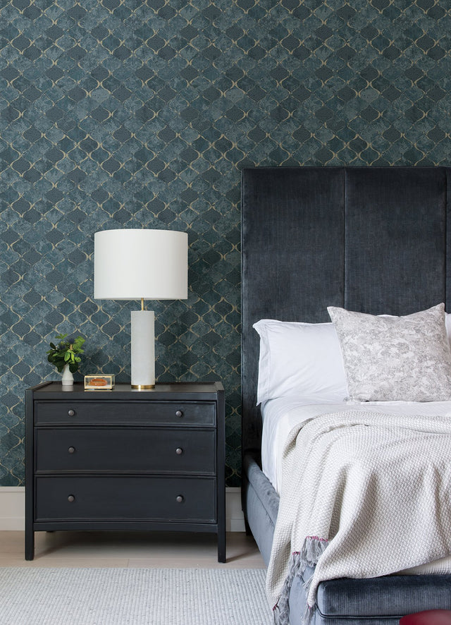 Pilak Blue Ogee Tile Wallpaper with Metallic Geometric Ogee Pattern - A-Street Prints 4105-86607