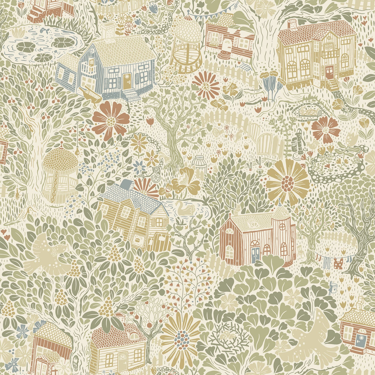 Bygga Bo Neutral Woodland Village Wallpaper with Whimsical Botanical Pattern - A-Street Prints 4111-63001
