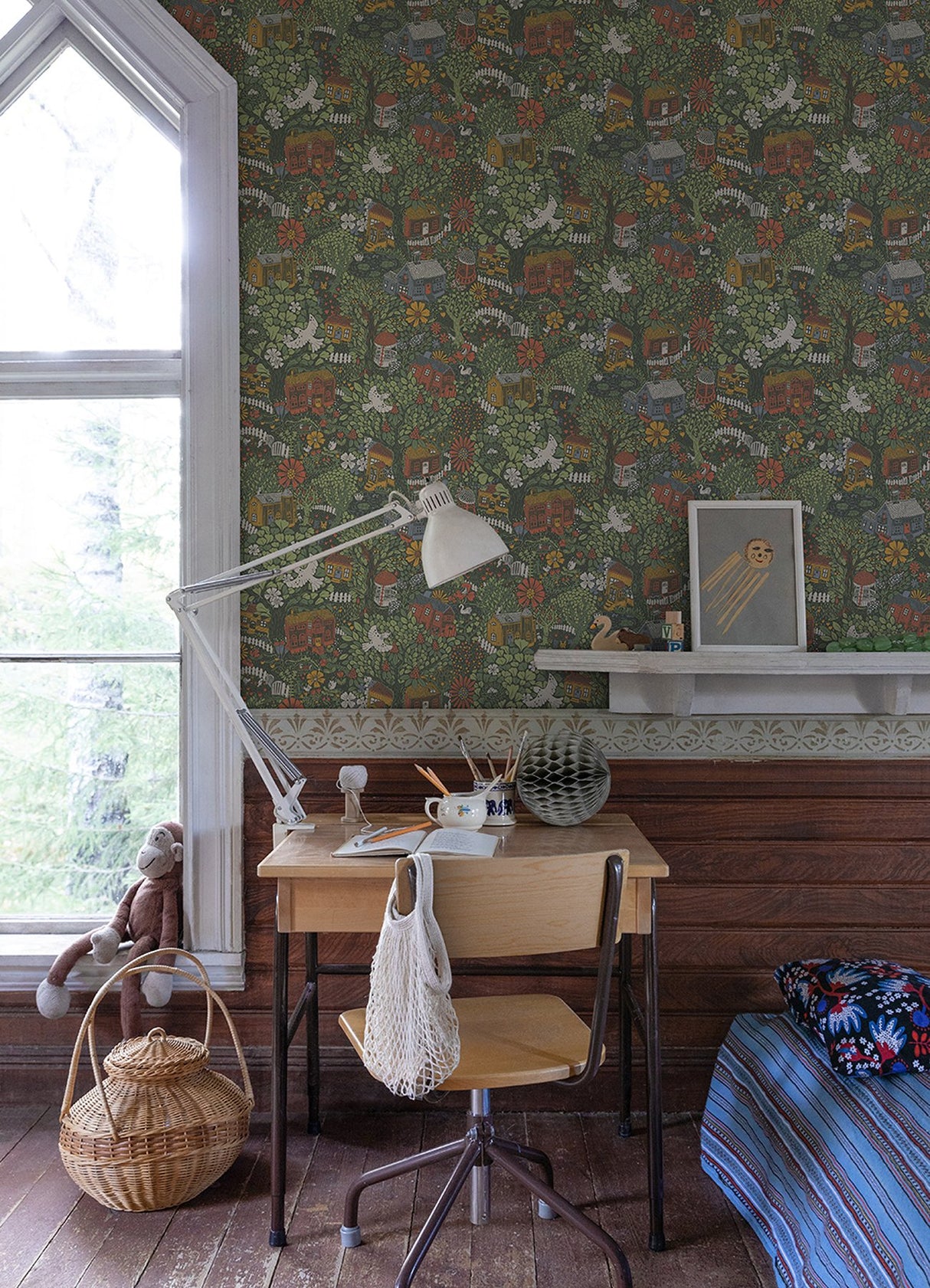 Bygga Bo Green Woodland Village Wallpaper with Botanical Whimsical Pattern - A-Street Prints 4111-63003