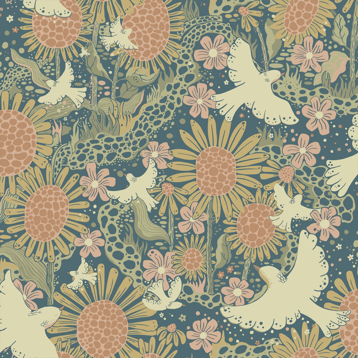 Drömma Teal Songbirds and Sunflowers Wallpaper with Whimsical Birds and Floral Pattern - A-Street Prints 4111-63007