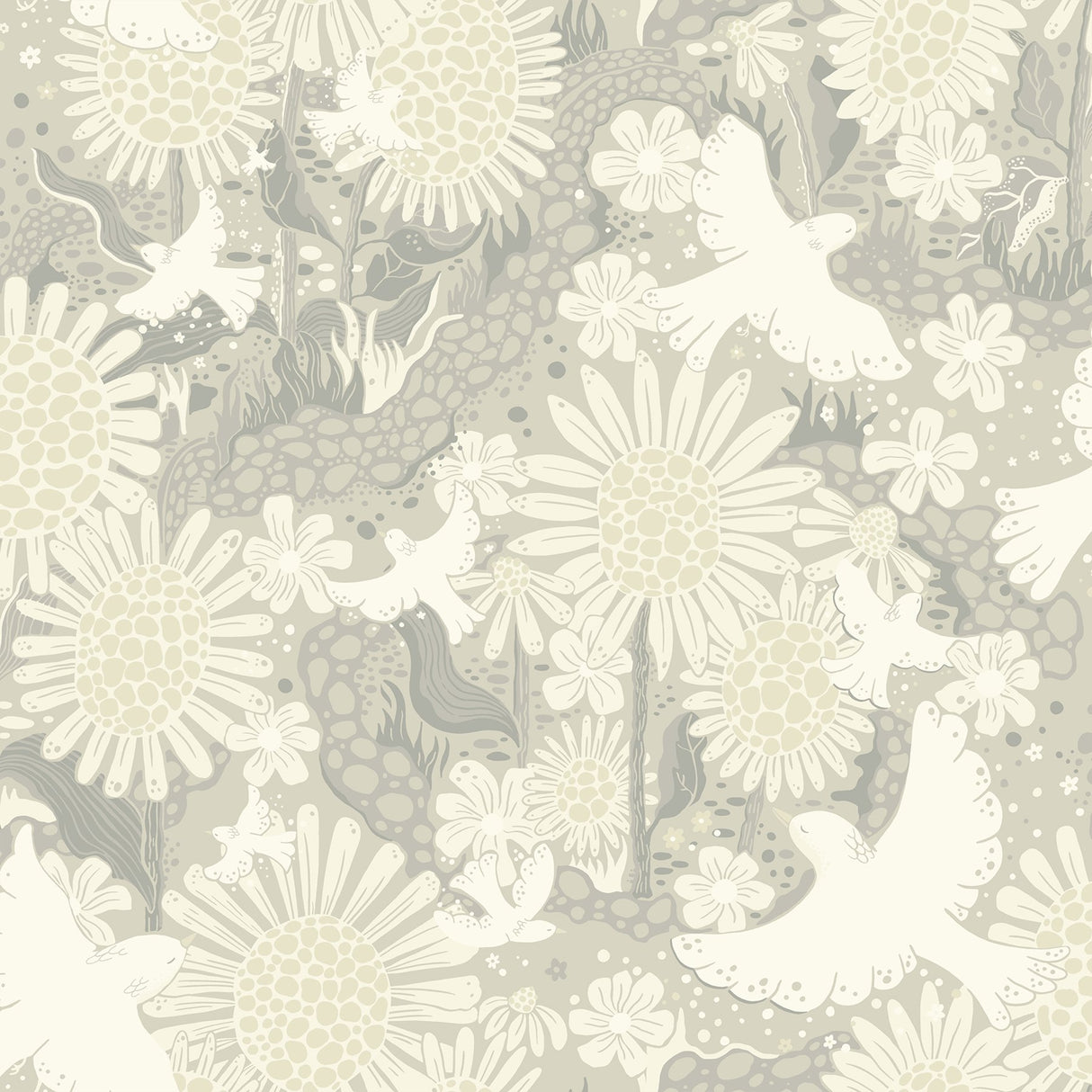 Drömma Light Grey Songbirds and Sunflowers Wallpaper with Whimsical Birds & Sunflower Motif - A-Street Prints 4111-63011