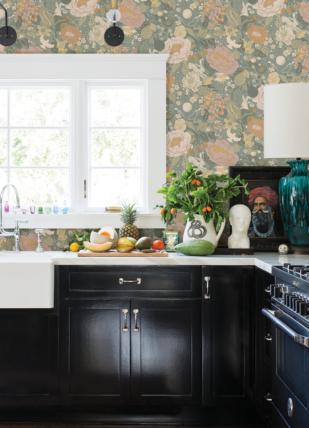 Växa Slate Rabbits & Rosehips Wallpaper with Whimsical Botanical Motif - Brewster 4111-63016